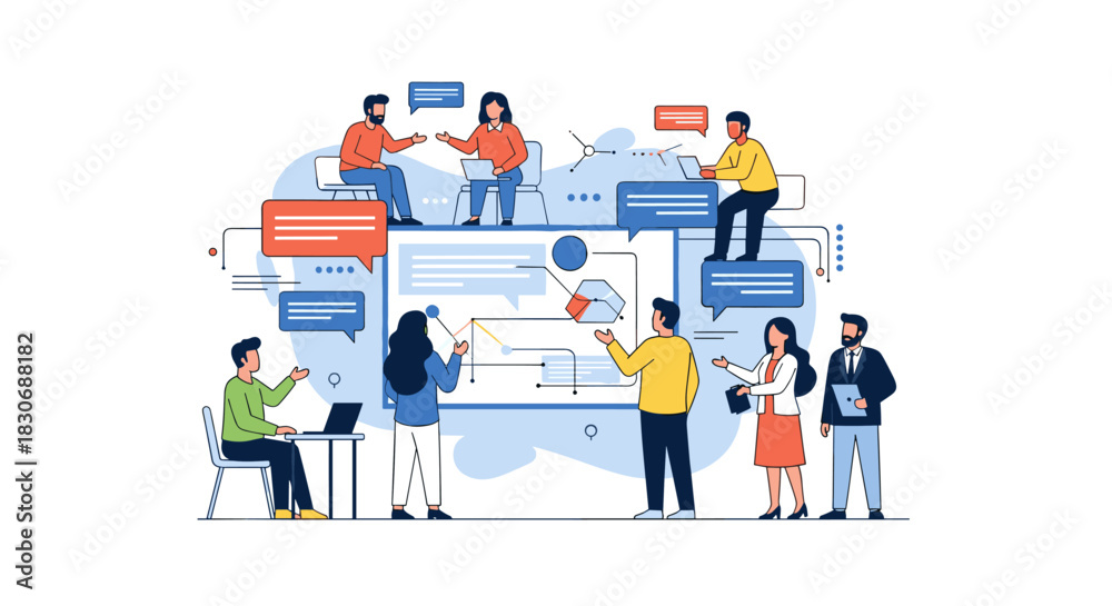 Fototapeta premium Diverse business professionals collaborate in a modern office, analyzing data on a large screen and engaging in strategic discussions.