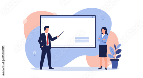 Two business professionals, a man and a woman, collaborate on a presentation, with the man explaining content on a large screen.