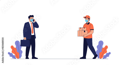 Masked businessman on phone and delivery person with packages maintaining social distance, illustrating safe service.