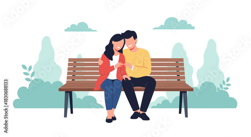 A happy young couple sits closely on a park bench, embracing and smiling in a warm illustration of love and togetherness.