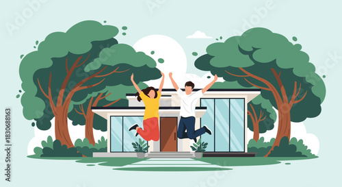 Happy couple jumping with joy in front of their modern dream house, celebrating homeownership and a fresh start amidst a lush green landscape.
