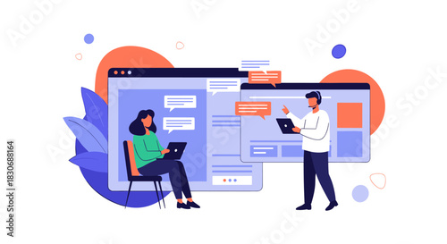 Two people, one in customer support and another chatting online, represent digital communication, virtual assistance, and online interaction.