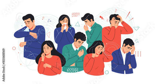 Diverse individuals feeling unwell and exhibiting various symptoms of illness such as coughing, sneezing, headaches, and general malaise.