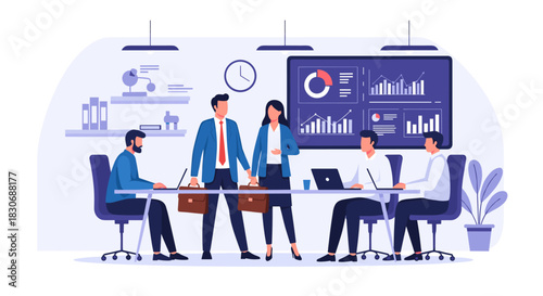 A diverse team of business professionals collaborates and analyzes data in a modern office conference room, fostering teamwork and strategic planning.