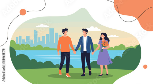 A diverse group of three friends, including a male couple, walks happily hand-in-hand in a green park with a cityscape view.