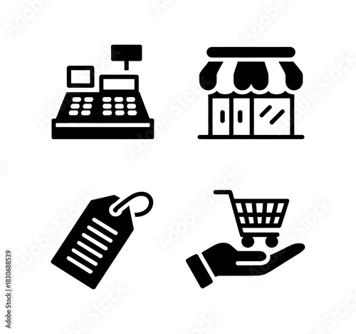Icons representing shopping elements in black and white style
