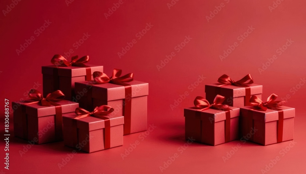 Fototapeta premium Red gift boxes with shiny ribbons arranged artistically on a vibrant red background, creating a festive atmosphere perfect for celebrations and special occasions, copyspace