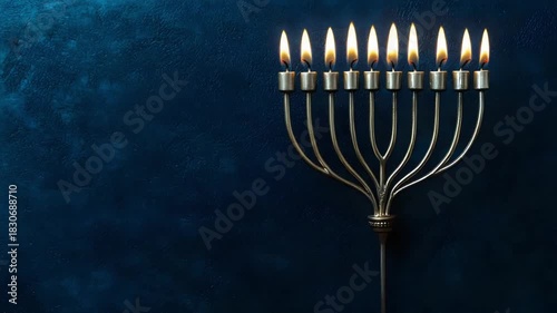 Lit nine branched menorah with burning candles against a dark blue textured background