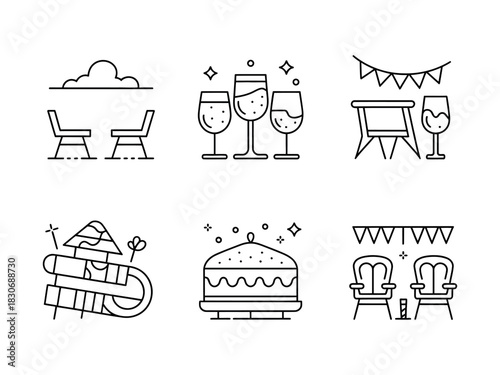 Line art icons depicting party and celebration related elements