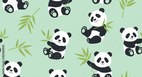 Seamless pattern with cute cartoon pandas holding bamboo leaves on a light green background, perfect for children's designs or nature themes.