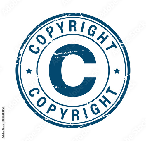 Blue copyright stamp with letter c and stars on a white background