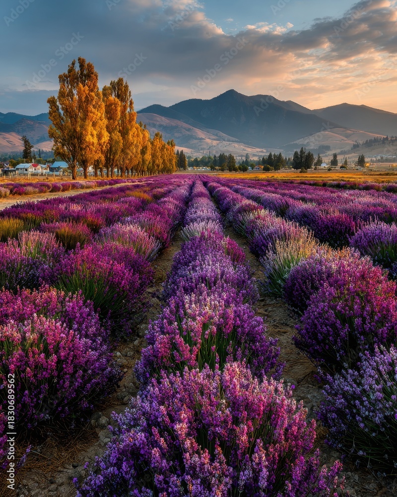 Fototapeta premium Vibrant lavender fields under a serene sky.