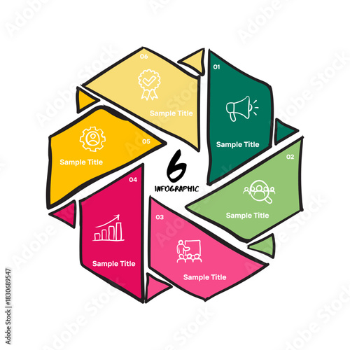 6 step infographic presentation template with vector icons and business illustrations. 6 option presentation infographic. Vector EPS