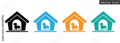 Find dachshund home icon set for pet lovers. Ideal for animal shelter designs, featuring a cute puppy in a kennel. Perfect vector art for animal care.