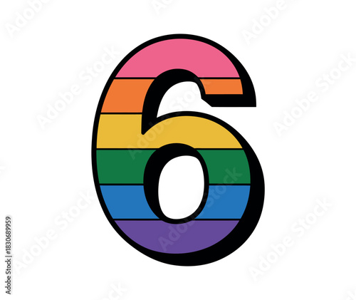 Number six with rainbow stripes and black outline on white background