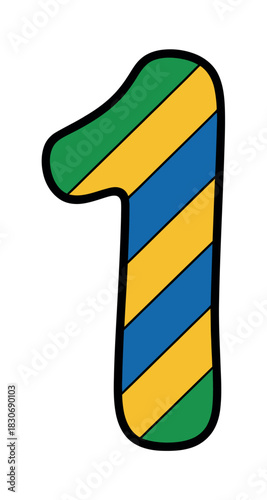 Isolated number one with green yellow and blue diagonal stripes