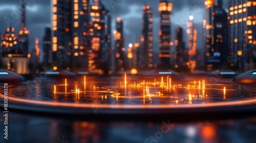Global oil flow hologram displayed at an energy hub in a futuristic city with vibrant lights and advanced technology