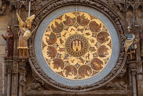 Canvas Print Detail of the astronomical calendar dial of the Prague Orloj in Prague, Czech Republic, featuring the painted zodiac and seasonal scenes surrounded by ornate medieval sculptures