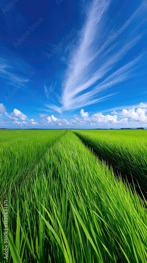 Naklejka premium A vibrant green field with a path leading to the horizon under a bright blue sky with wispy clouds. The image evokes a sense of peace and tranquility.