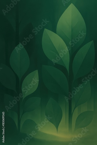 Serene abstract illustration of green leaves emerging in soft glowing light, symbolizing growth, nature, renewal, harmony, and calm organic energy.
