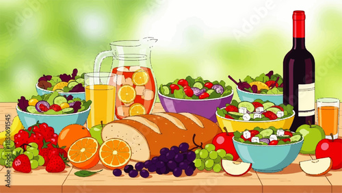 Abundant Feast Fresh Salads, Fruits, Bread, and Wine on a Wooden Table