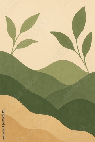 Calm abstract illustration of rolling green hills with simple botanical leaves, evoking nature, growth, balance, and a peaceful modern organic landscape.
