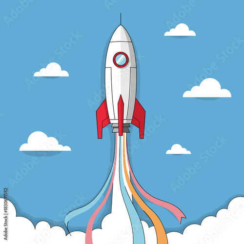 Flat design rocket launching into blue sky with colorful smoke trail, symbolizing startup, innovation, and success.