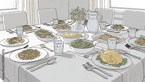 A beautifully illustrated vector of a dining table set for a festive holiday feast with a roasted chicken and various side dishes