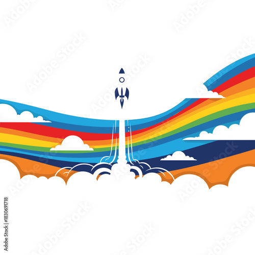 Stylized rocket launch amidst vibrant rainbow waves and clouds. Symbolizing startup success, innovation, and progress.