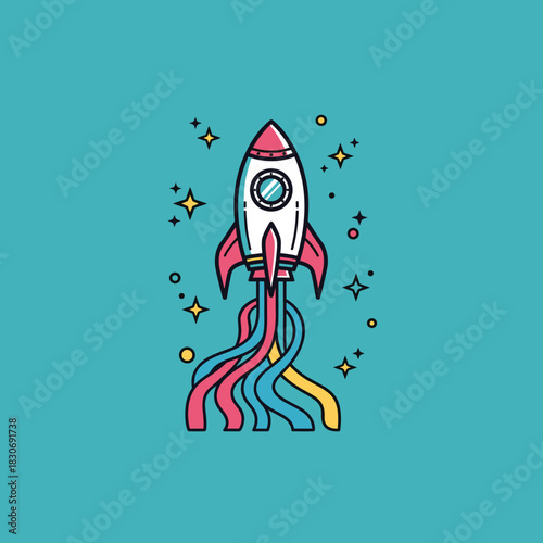 Vibrant cartoon rocket launch with colorful trails and stars on a teal background