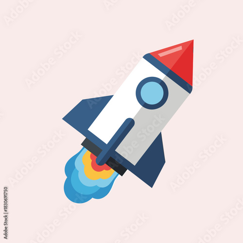 Flat design space rocket launch illustration. Stylized spaceship taking off with fiery exhaust, representing startup, innovation, or travel.