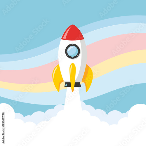 Colorful Flat Design Rocket Launching Upwards. Startup, Business Growth, Innovation, Success Concept