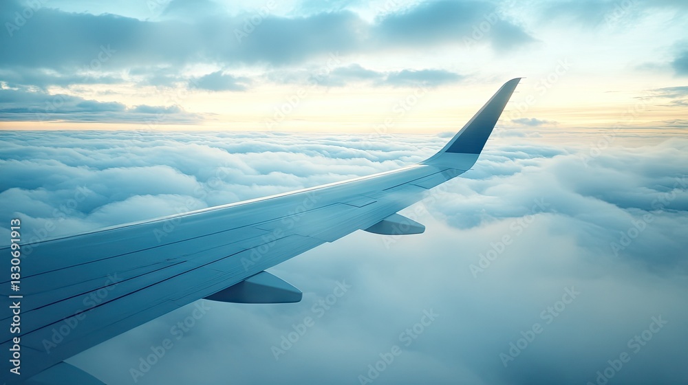 Fototapeta premium Airplane Wing Above Clouds at Sunset with Beautiful Sky Colors and Soft Sunlight Casting Warm Glow in the Background over Horizon