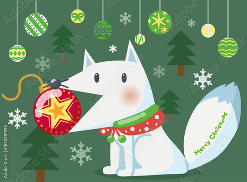 Cute Arctic Fox Holding Christmas Ornament illustration
