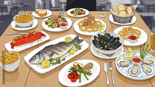 Illustration of a grand dining table with a fresh seafood feast. Grilled fish, oysters, mussels, calamari, salads, and fries offer a gourmet culinary experience in a restaurant