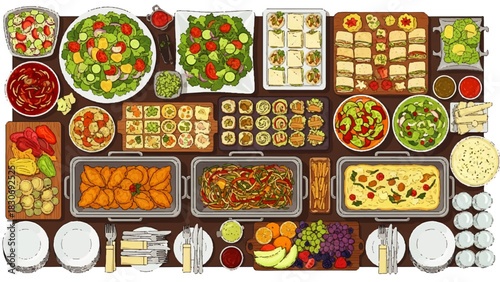Lavish Catering Display of Assorted Delicious Dishes and Fresh Salads on a Buffet Table, Perfect for Celebrations and Corporate Events – A Feast for the Eyes and Palate