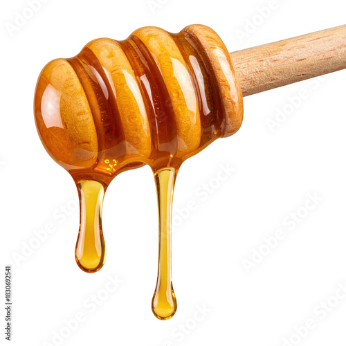 Honey dripping from wooden dipper isolated on transparent background