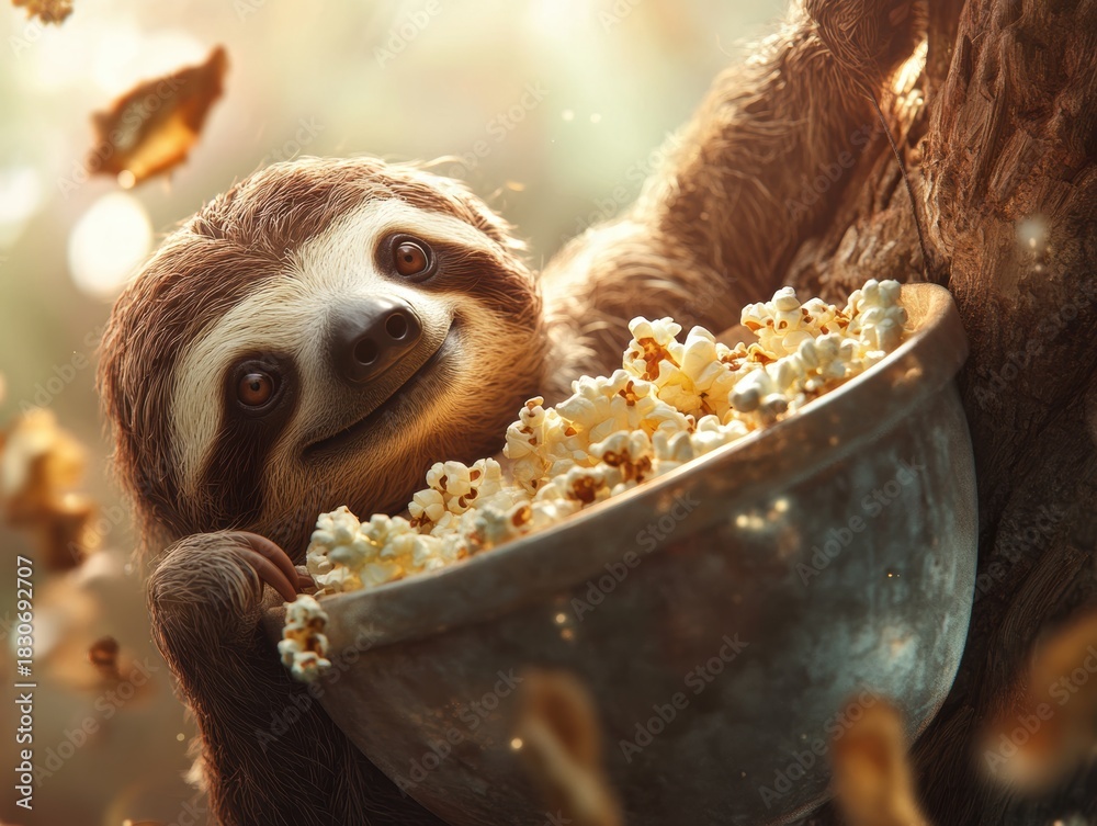 Naklejka premium Cute sloth enjoying a bowl of popcorn while relaxing in a tree during a sunny afternoon