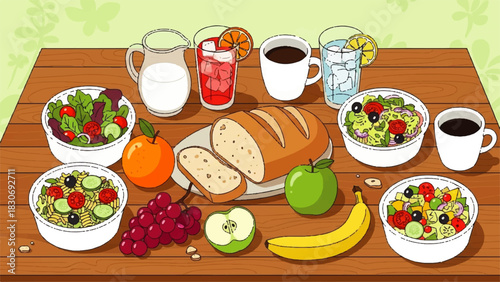 Assortment of Fresh and Healthy Breakfast Foods and Drinks for a Balanced Diet