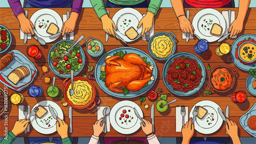 Thanksgiving Feast A Vibrant Illustration of Family Gathering and Festive Food