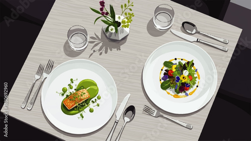 Gourmet dinner illustration salmon and edible flower salad beautifully plated on a modern dining table, representing a sophisticated culinary experience