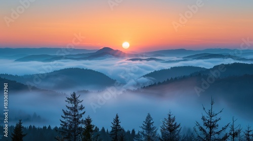 Beautiful Atmospheric View of Early Light Illuminating Misty Peaks at Daybreak