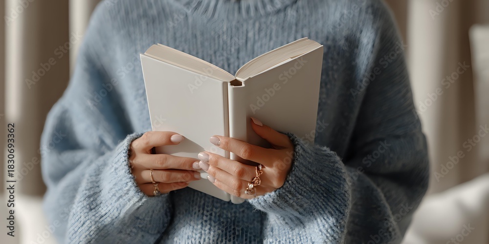 Obraz premium Person in cozy blue sweater holding open book with blank pages, perfect for education, reading, or literary concepts.