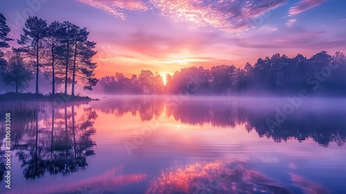Atmospheric Morning Landscape Capturing Mist Gliding Gracefully Over Quiet Water