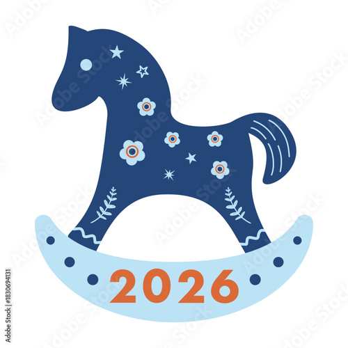Happy new year 2026.Dala horse Scandinavia folk Illustration woodcut style.Vintage rural tradition and folkloric elements clip art,cute and whimsical for print,greeting card,happy holiday decorate