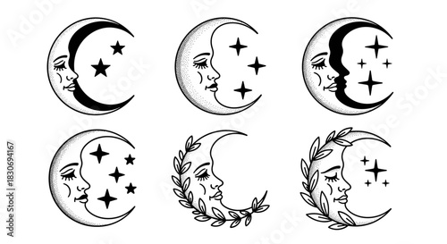 Set of six celestial moon phases with faces and stars in a vintage sketch style.