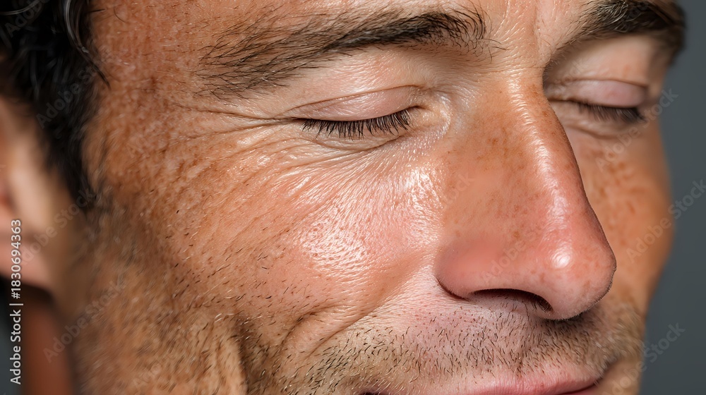 Fototapeta premium Close-up portrait of middle-aged Caucasian man with eyes closed, showing facial details including freckles, stubble, and natural skin texture.