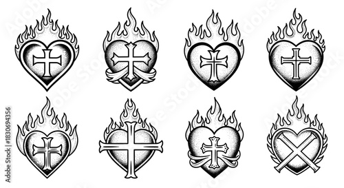 Collection of Flaming Hearts with Crosses and Ribbons Tattoo Designs.
