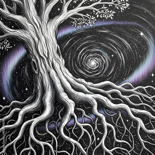 Generative AI Mystical Tree of Life Artwork Roots Galaxy Stars Illustration Drawing Hand-drawn Cosmic Universe Night sky Black and white Celestial Nebula Spiral Nature - Unique Design