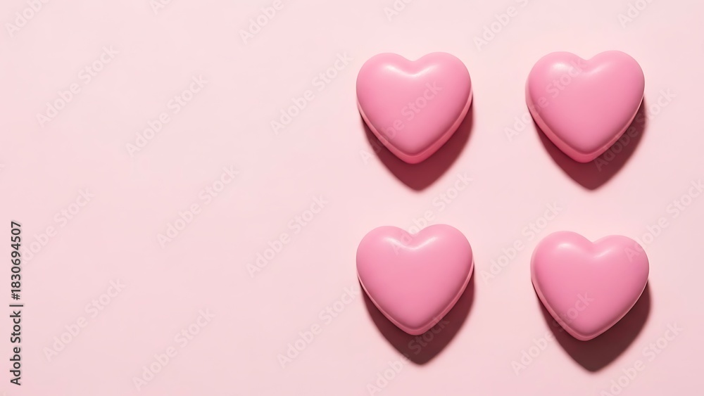 Fototapeta premium Pink heart-shaped candies arranged on a pastel pink background 
